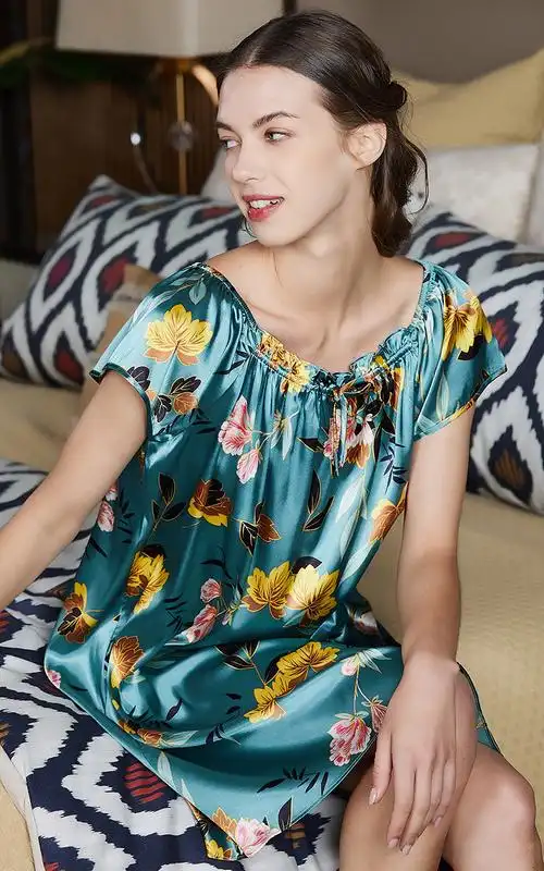 雅歌星杭州真丝睡衣女夏季薄款短袖睡裙公主裙宽松加大码冰丝家居服