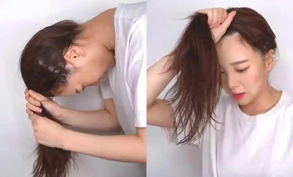 小姐姐也教一个小技巧,如果真的抓不起来的话,直接弯腰,将头发束起来