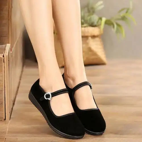 老北京布鞋工作单鞋女平底黑一字带酒店上班礼仪舞蹈黑布鞋