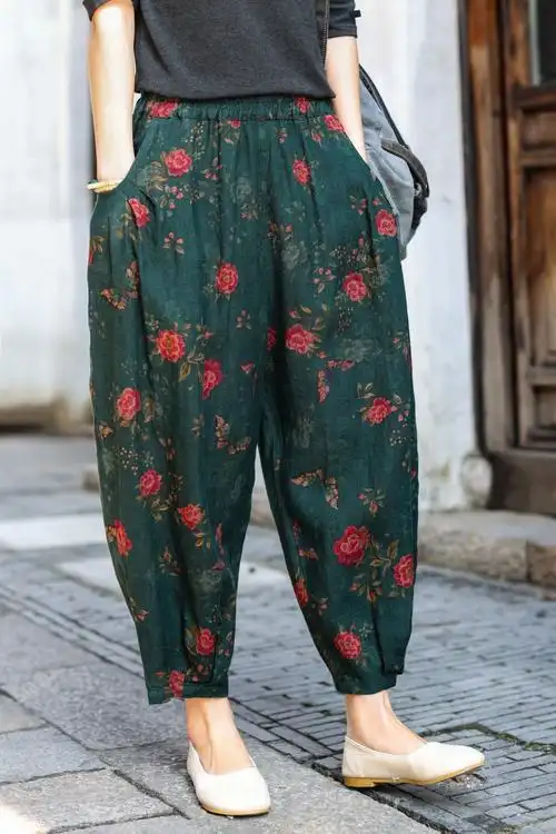 2022春夏新款女裤亚麻印花灯笼裤宽松文艺大裤腿女式九分裤