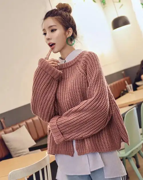 韩版女装秋装街头风宽松纯色休闲基础款套头毛衣