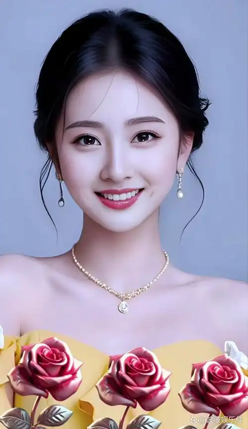 黑色长发轻盈梳起,珍珠耳环与项链映衬出她的高雅气质.