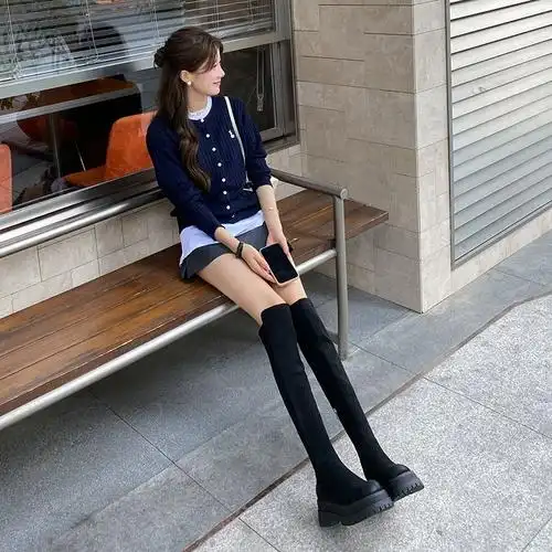 美儿小个子厚底过膝长靴女5050弹力显瘦大筒围胖mm长筒高筒靴秋