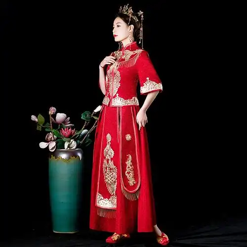 敬酒服新娘2021新款秋冬流苏珍珠秀禾服中式礼服出长袖阁服红旗袍