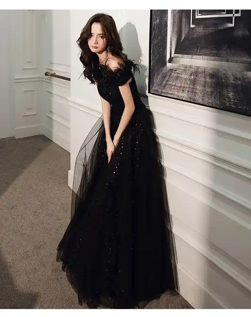 黑色晚礼服女气场女王名媛2021新款春季气质连衣裙主持人宴会礼服