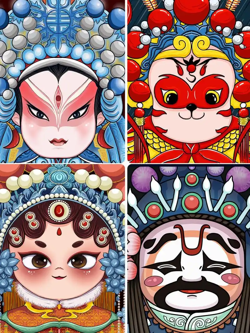05手绘中式国潮风卡通q版京剧花旦人物特写脸谱插画psd设计素材模板