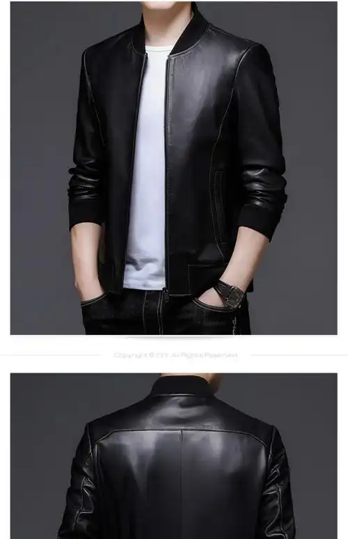 春季海宁真皮皮衣男士绵羊皮夹克中青年棒球领男装机车服外套 黑色