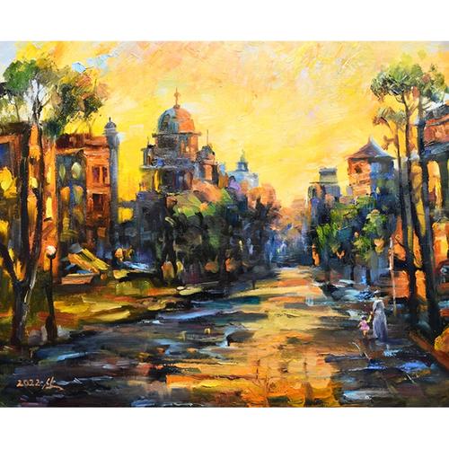 带合影朝鲜风景油画 宽54cm 申胜哲 一级《夕阳下的街道》xa473