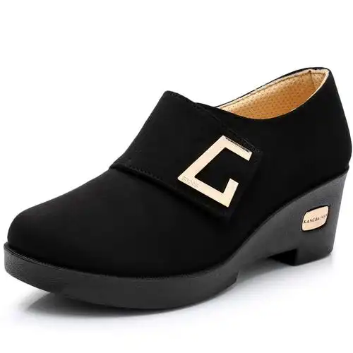 老北京布鞋官方女春秋新款时尚高跟坡跟软底黑色上班工作鞋