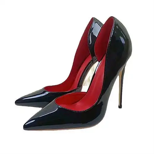 欧美新款黑色漆皮内空高跟鞋女细跟10cm时尚浅口气质百搭女鞋单鞋