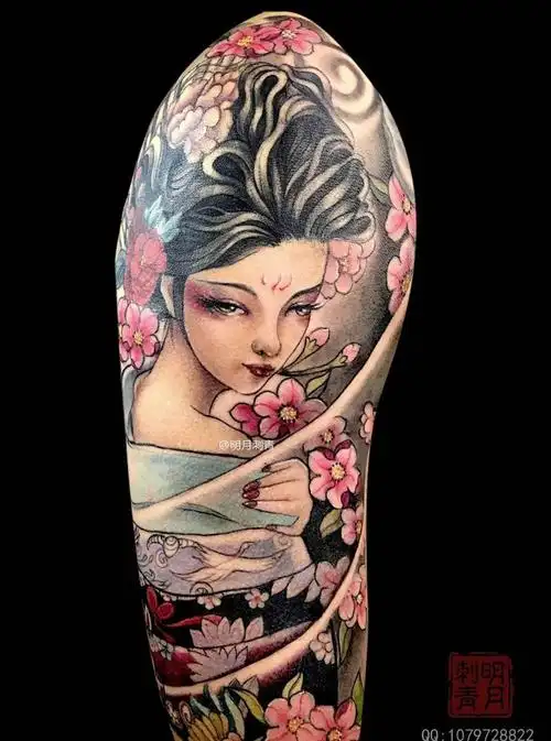纹身图片_成品传统肖像手臂人物原创习俗国画艺伎明月艺伎纹身图案