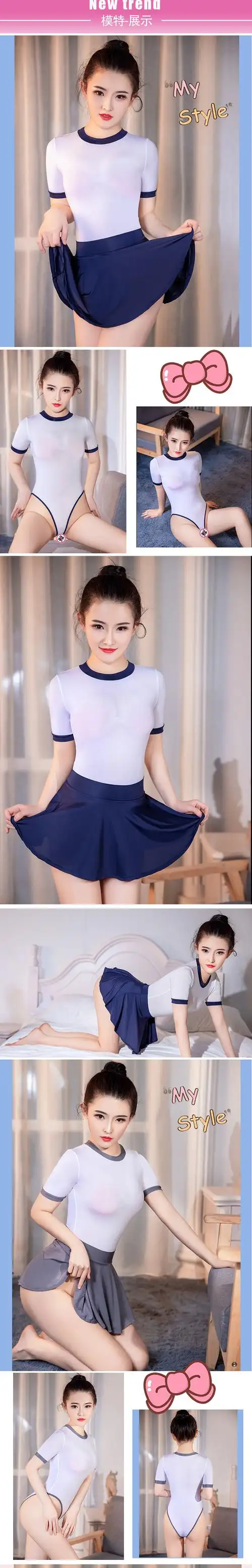 情趣内衣女弹力透视镂空高开叉泳衣紧身短袖体操服太阳裙百褶裙超短裙