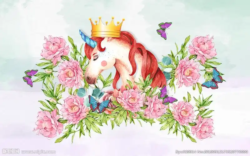 手绘花朵热带植物独角兽背景墙图片