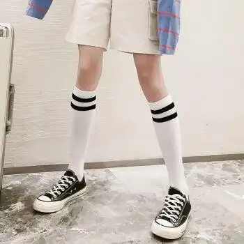 二杠白色小腿袜>女士高腰卡通风配帆布鞋少女单 1 双装>大学生棉袜