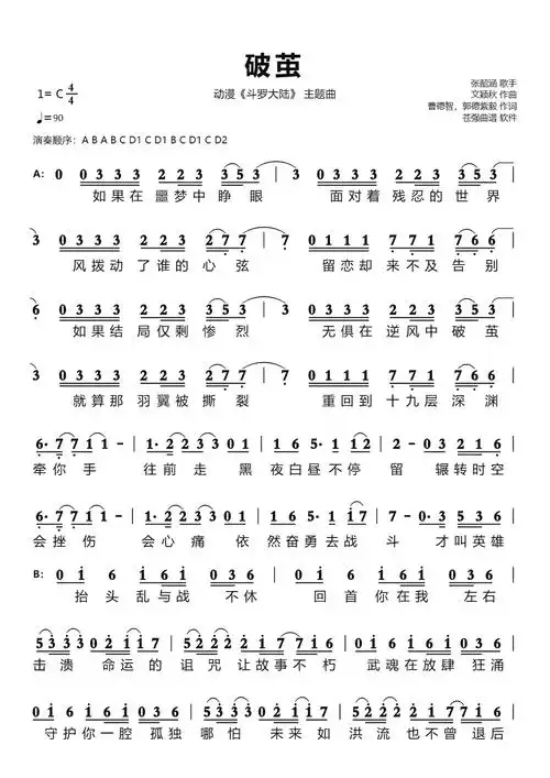 破茧简谱 动漫《斗罗大陆》 主题曲