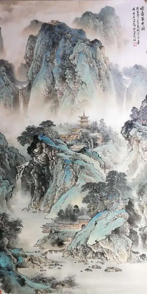 杨天佑【晴峦萧寺图】青绿版山水画