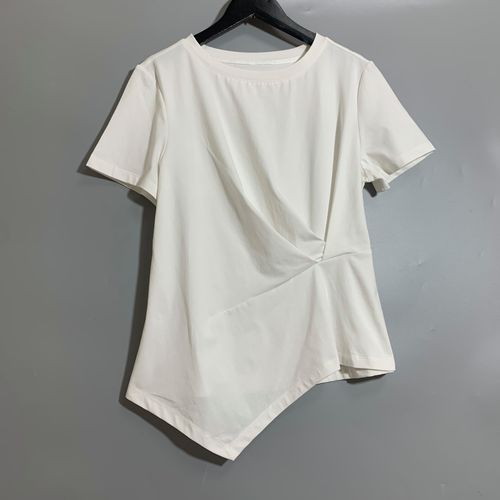 圣迪家女士新品休闲圆领不规则堆叠拼接短袖t恤