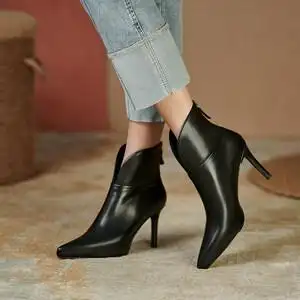 tisdaini气质靴子尖头细跟高跟鞋女秋冬短靴女真皮单靴及踝靴时尚