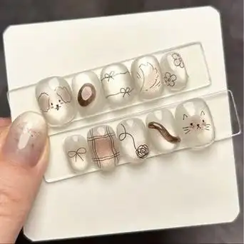 【追光猫】手工穿戴甲小狗小猫手绘ins风陶瓷白猫眼可爱美甲甲片