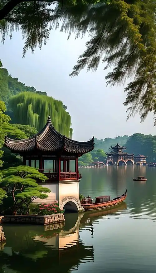 西湖美景!夏日杭州西湖,风景如画,清澈湖面映衬古民居,石拱桥 - 抖音