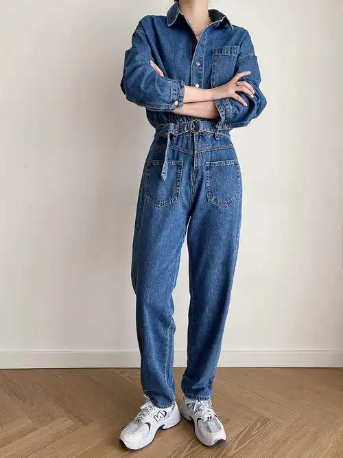 春秋港风帅气炸街牛仔连体修身显瘦气质收腰牛仔裤