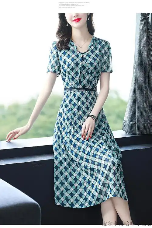 65皮尔卡丹法国品牌优雅轻奢高档女装早春2022新款雪纺连衣裙短袖