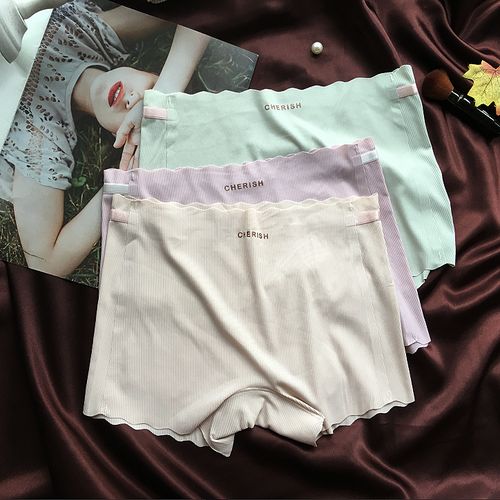 春夏无痕螺纹冰丝平角打底裤薄款女士中腰丝滑内裤女一片式裸感