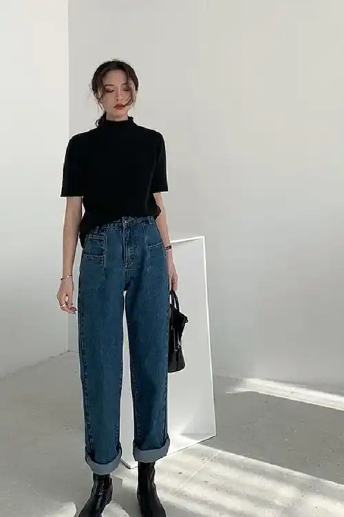 2019春季新款直筒牛仔裤ffan泛泛女宽松复古bf风港味时髦深蓝色老爹裤