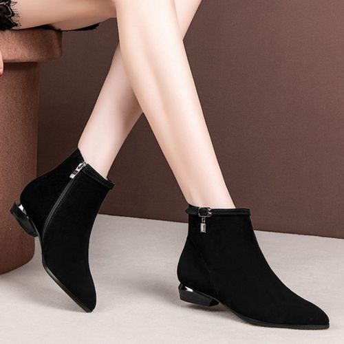 绒面低跟短靴女秋季2023新款尖头粗跟踝靴女春秋平底小单靴女大码