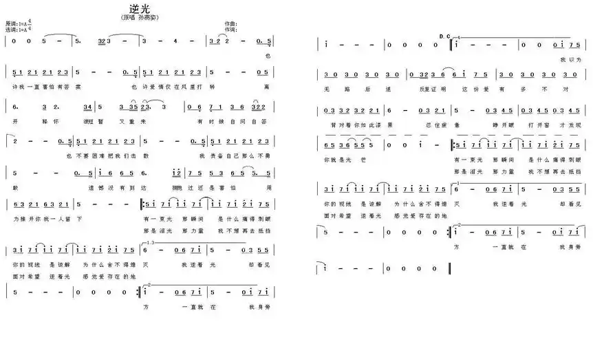 逆光 孙燕姿 歌谱,吉他谱 和弦谱,简谱,五线谱