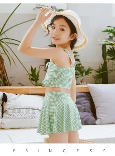 都趣儿童泳衣 女童游泳衣新款8-11岁小童可爱分体小清新格子儿童中童