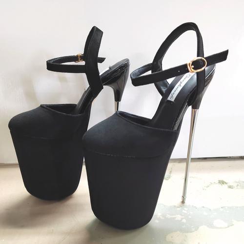 超高跟鞋22公分细钢跟外防水台钢管舞女鞋模特演出鞋黑色半包头