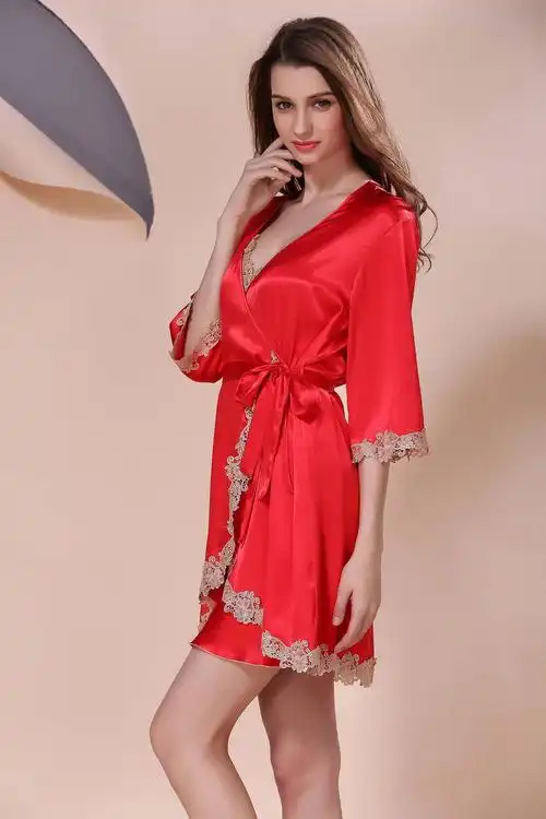 新款女士性感仿真丝睡衣重工刺绣吊带睡裙两件套长袖睡袍套装