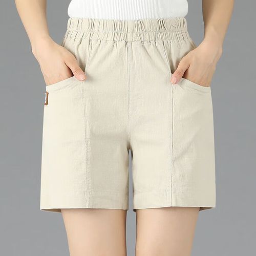 乔骏晟短裤外穿夏季薄款松紧腰宽松中年女装裤棉麻夏天五分裤 米白色