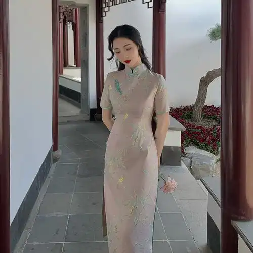 麓津自制竹影桃花粉色年轻少女款旗袍日常国风2022年新款夏季