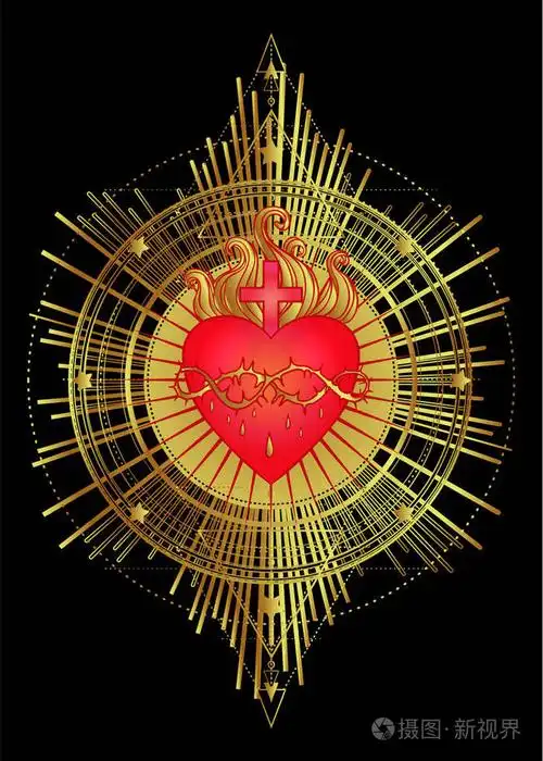 神圣的耶稣之心与光芒. 矢量插图在红色和黄金隔离. 时尚的复古风格元
