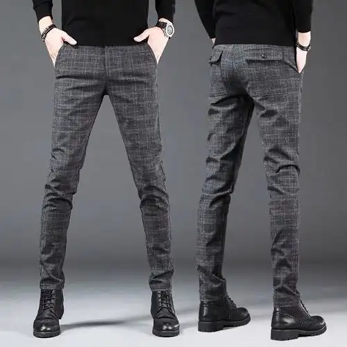 2024新款男士休闲裤格子小脚西裤修身商务潮流百搭灰色男款裤子男-阿