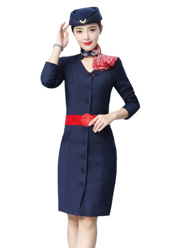 正品高端东航空姐制服新款时尚航空职业连衣裙女长袖空乘珠宝店工