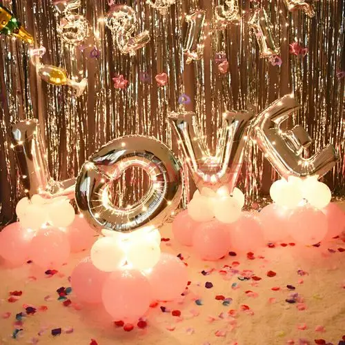 告白气球带灯发光 求爱浪漫背景墙场景布置 酒店房间求婚表白 银色