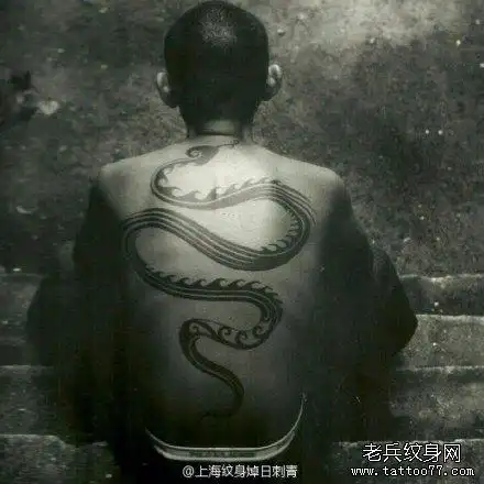 男生后背潮流经典的图腾蛇纹身图案