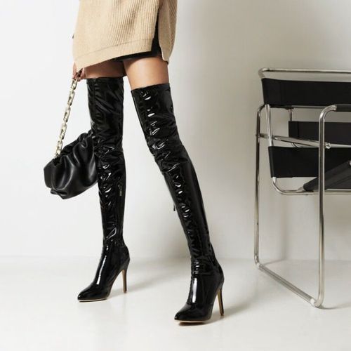 度凡尼斯恨天高长靴欧美钢管舞高跟鞋细跟大码夜场大腿靴子漆皮过膝