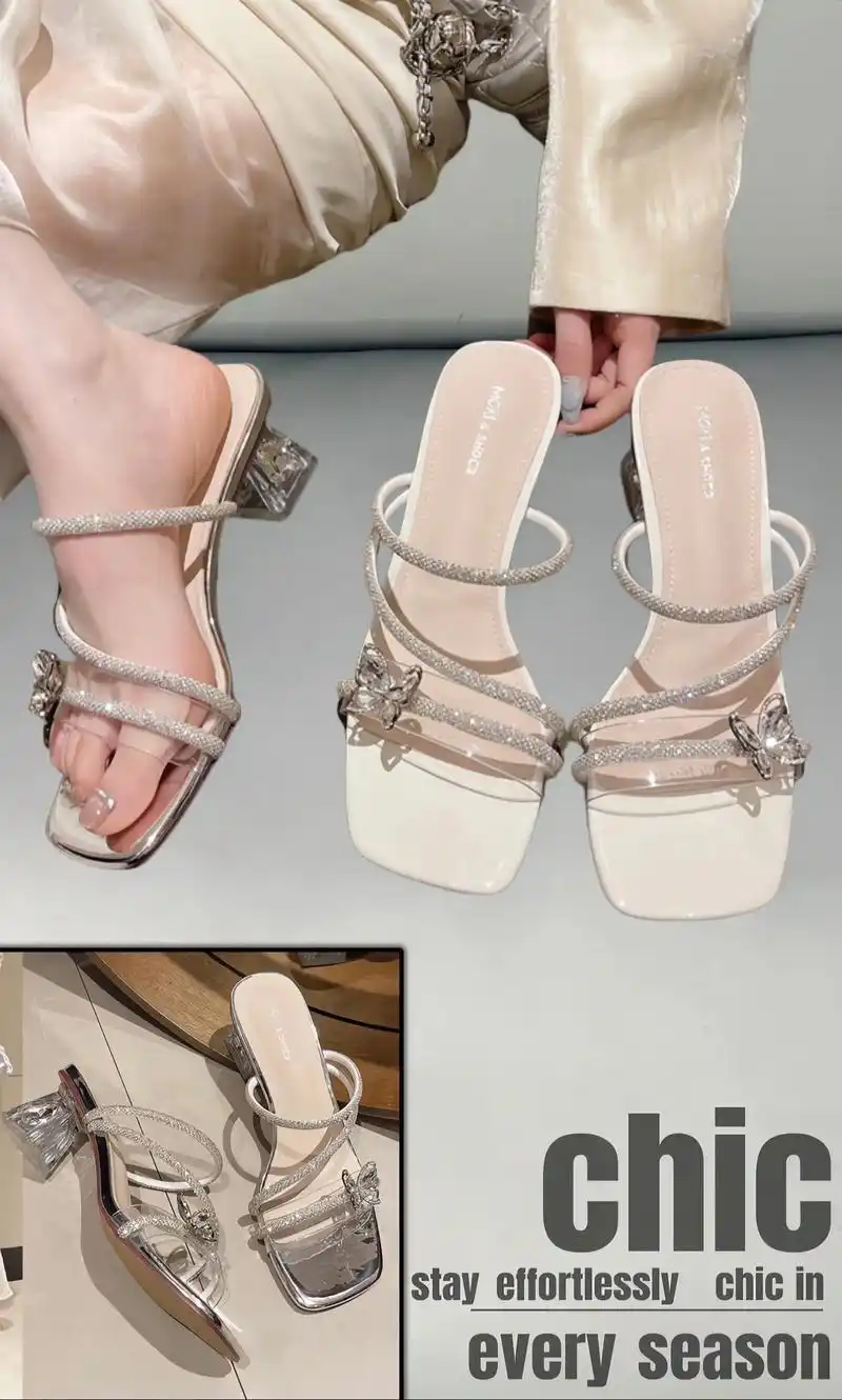 初式水钻凉拖鞋女外穿年新款夏季百搭仙女水晶粗跟一字拖来啦!