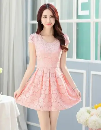韩版2016夏装新款女装修身镂空雪纺连衣裙无袖短款a字蕾丝裙女潮 粉色