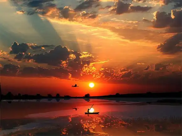 渔舟唱晚兼晚霞漫天,孤鹜轻舟更有夕阳无限