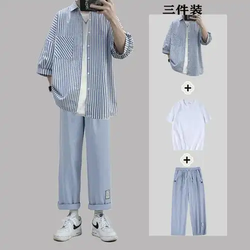 夏季休闲衬衫套装男士潮牌轻熟风痞帅短袖衬衣三件套男装一套搭配