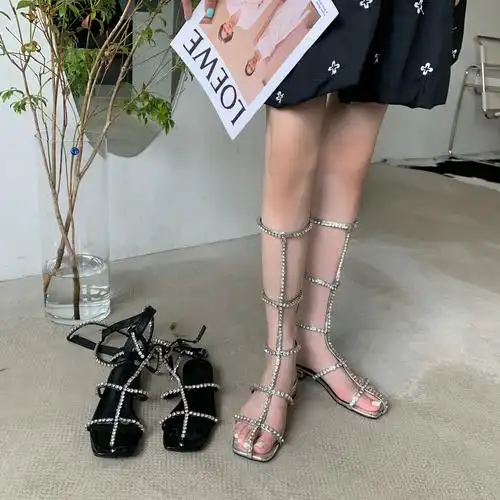 罗马绑带凉鞋2021夏季新款仙女一字水钻粗跟时装凉鞋