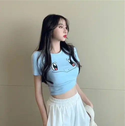 辣妹上衣性感3d显胸大眼睛主播杰尼龟性感凸显皮卡丘漏胸t恤短袖