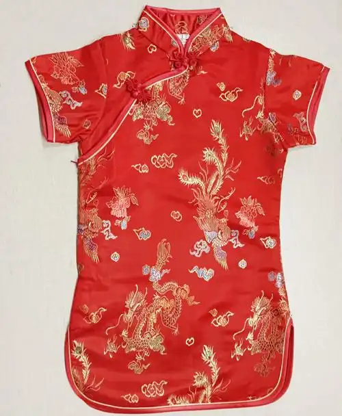 小苏州春秋季龙凤织锦缎女童旗袍大红儿童中式拜年服外贸礼服