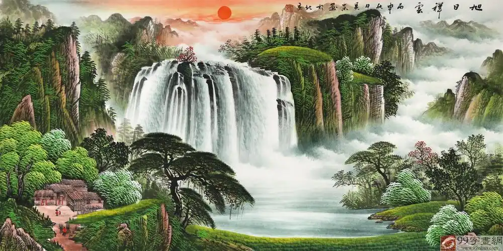 吴东四尺聚宝盆山水画《旭日祥云》