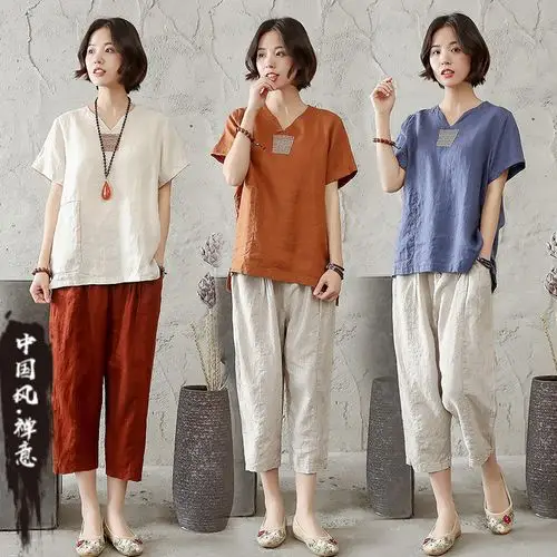 佛系衣服女棉麻禅服套装夏季亚麻两件套中国风麻料修行衣服打坐裤